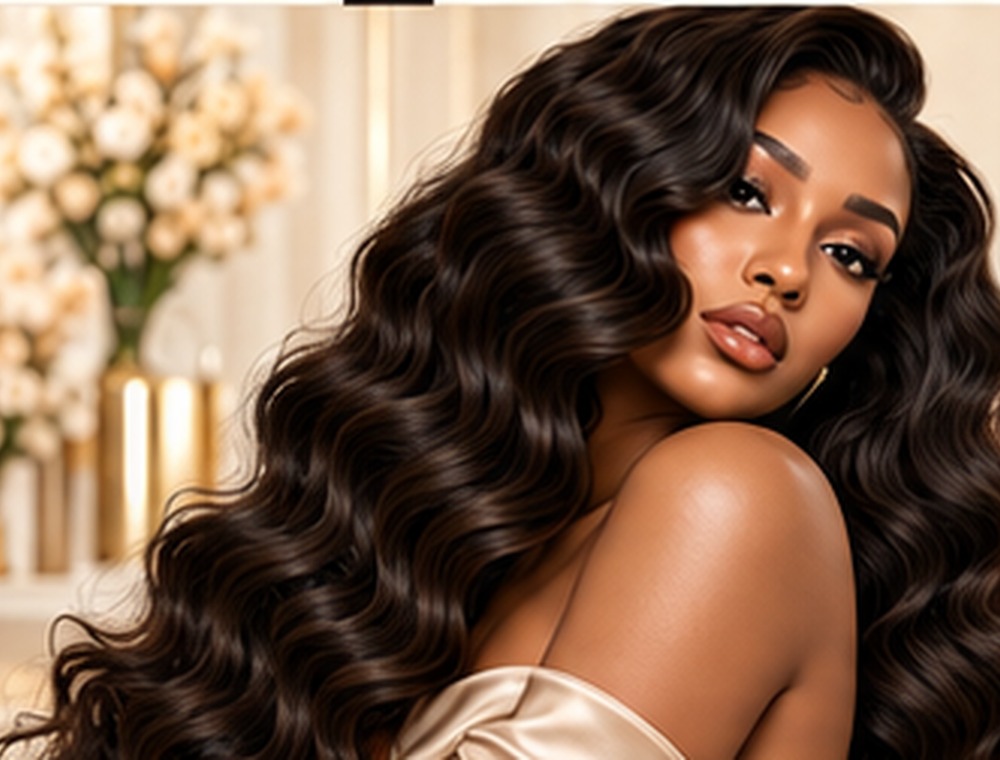 Elegant model with a voluminous, dark curly wig